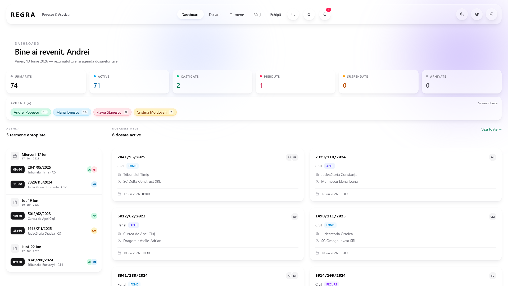 Dashboard cabinet avocat — statistici, dosare urmărite, calendar termene