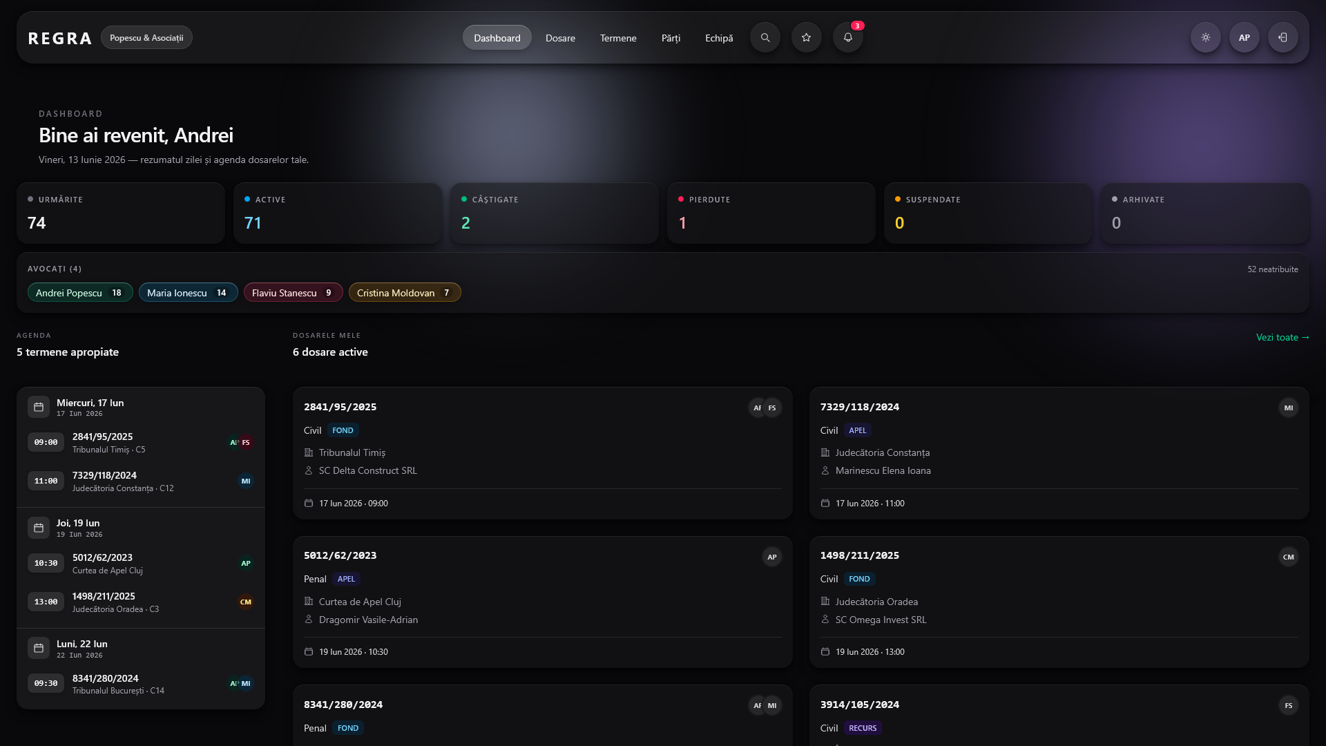 Dashboard cabinet avocat — statistici, dosare urmărite, calendar termene