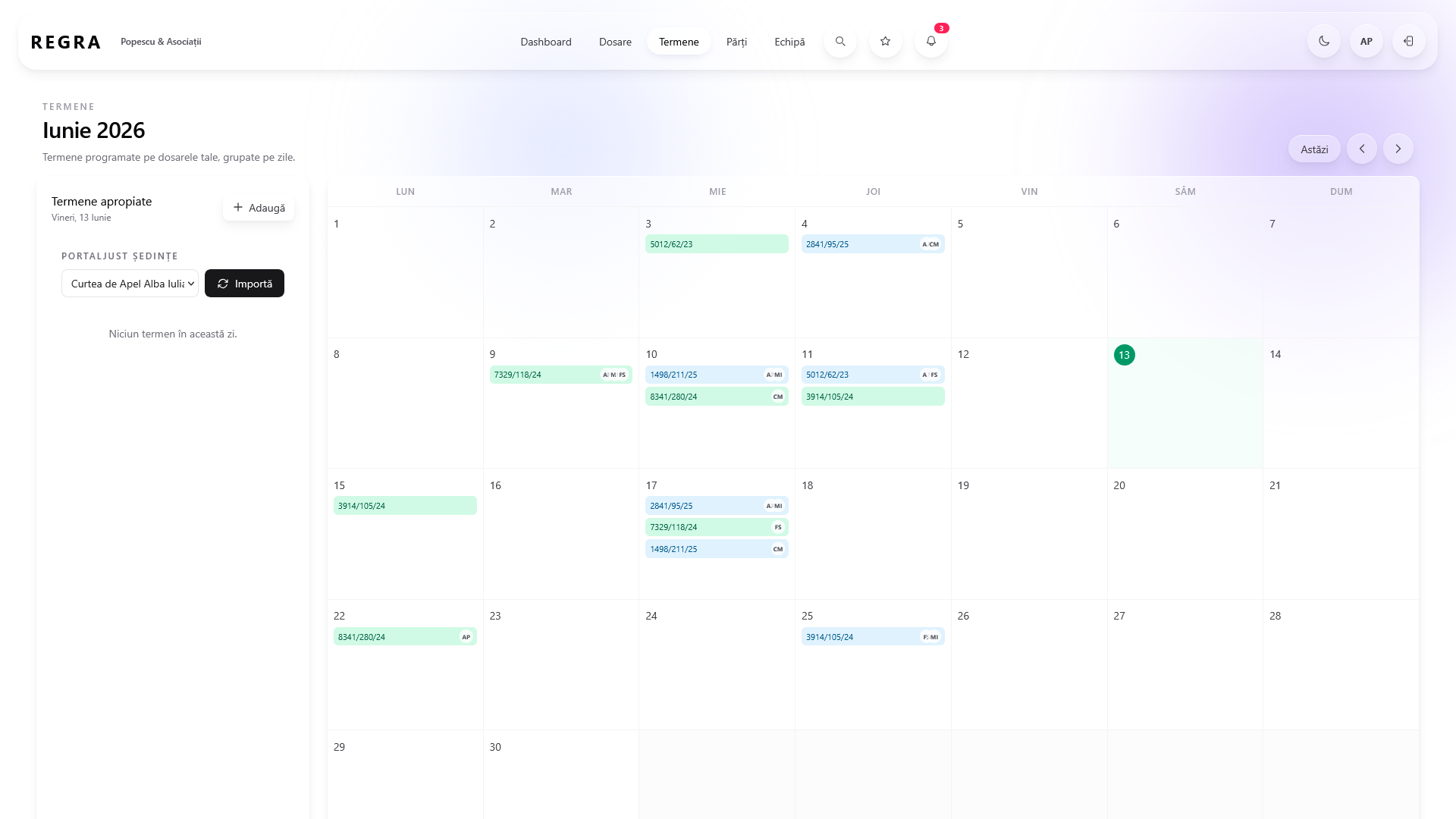 Calendar termene judecătorești — filtre pe avocat, instanță, materie