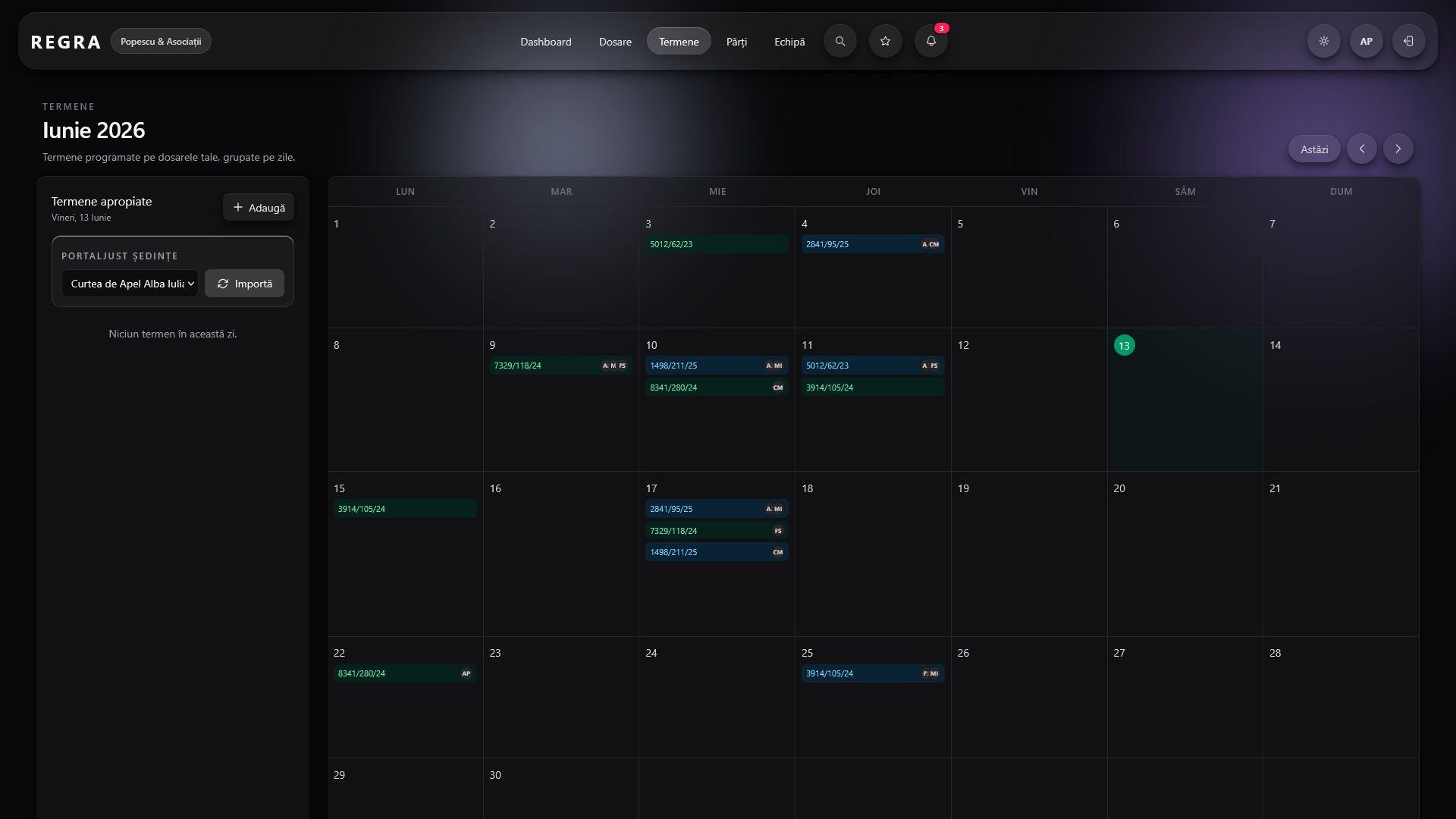 Calendar termene judecătorești — filtre pe avocat, instanță, materie