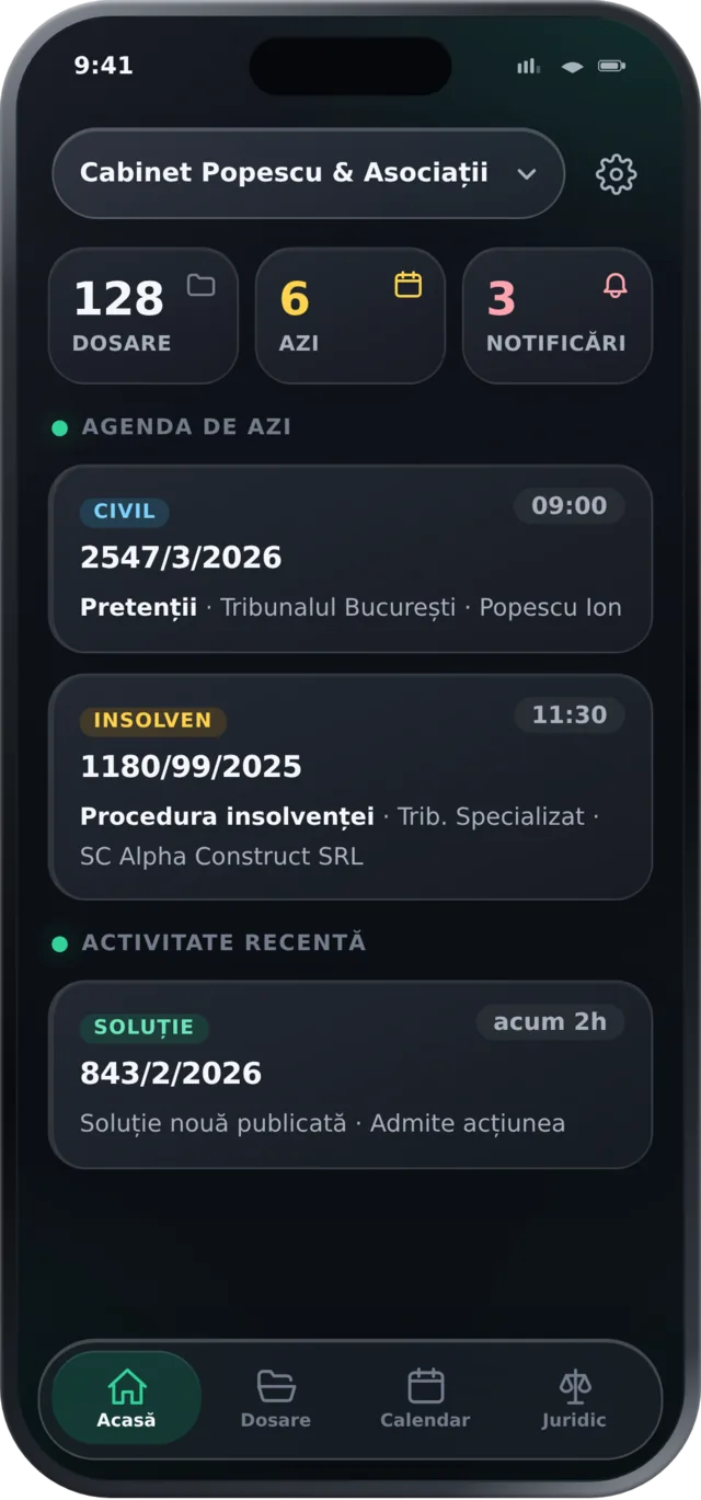 Ecranul Acasă din aplicația mobilă Regra, cu indicatori, agenda zilei și activitate recentă