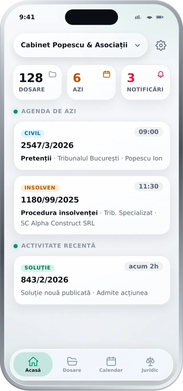 Ecranul Acasă din aplicația mobilă Regra, cu indicatori, agenda zilei și activitate recentă