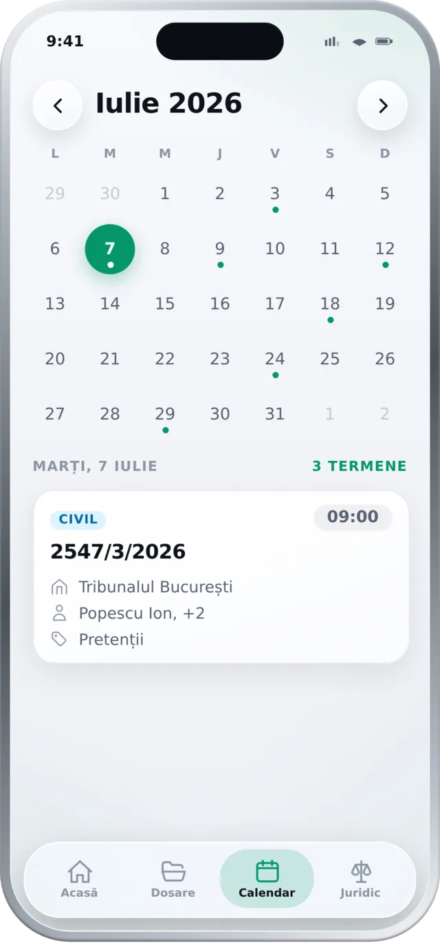 Agenda termenelor pe calendar în aplicația mobilă Regra
