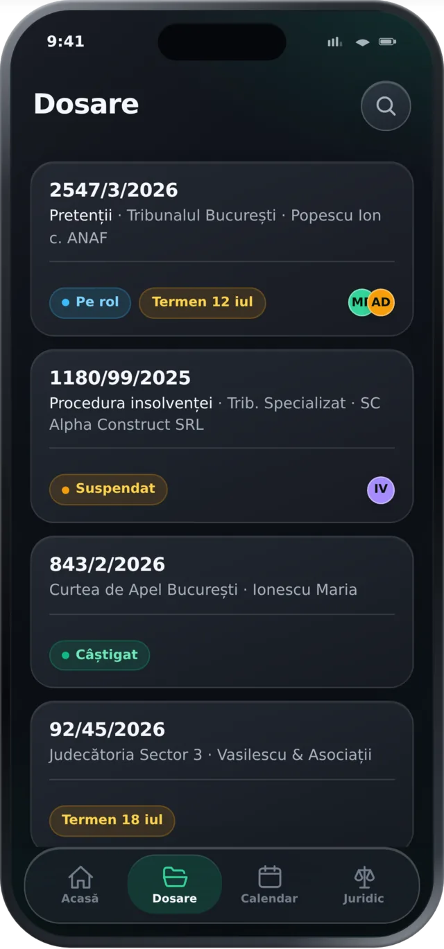 Lista dosarelor urmărite în aplicația mobilă Regra