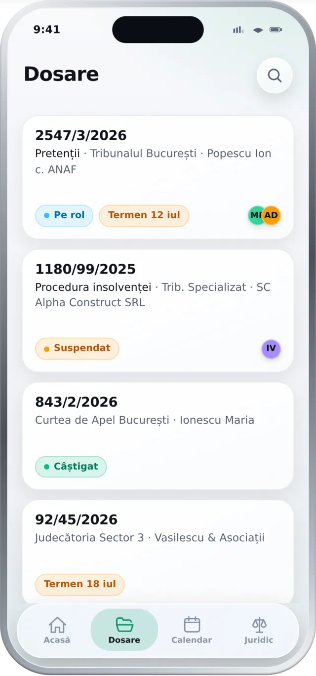 Lista dosarelor urmărite în aplicația mobilă Regra