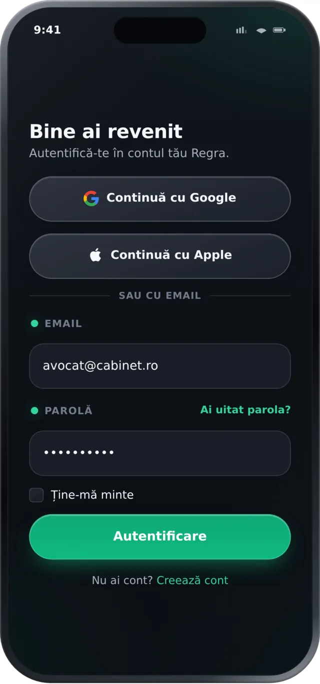 Ecranul de autentificare din aplicația mobilă Regra