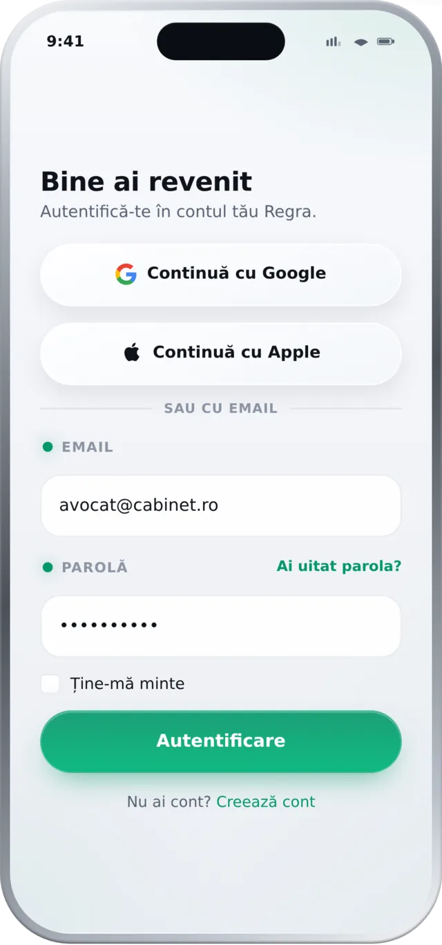Ecranul de autentificare din aplicația mobilă Regra