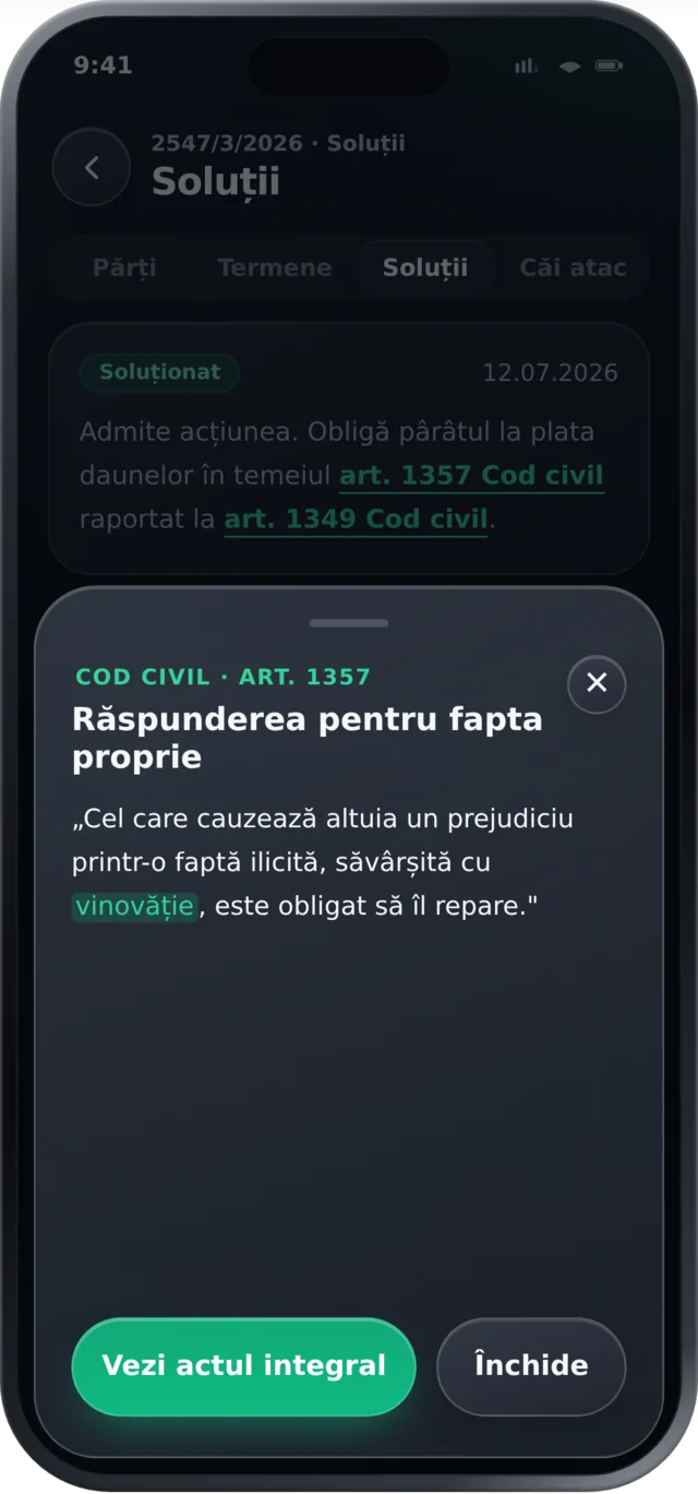 Soluție cu referințe legale și articolul deschis în aplicația mobilă Regra