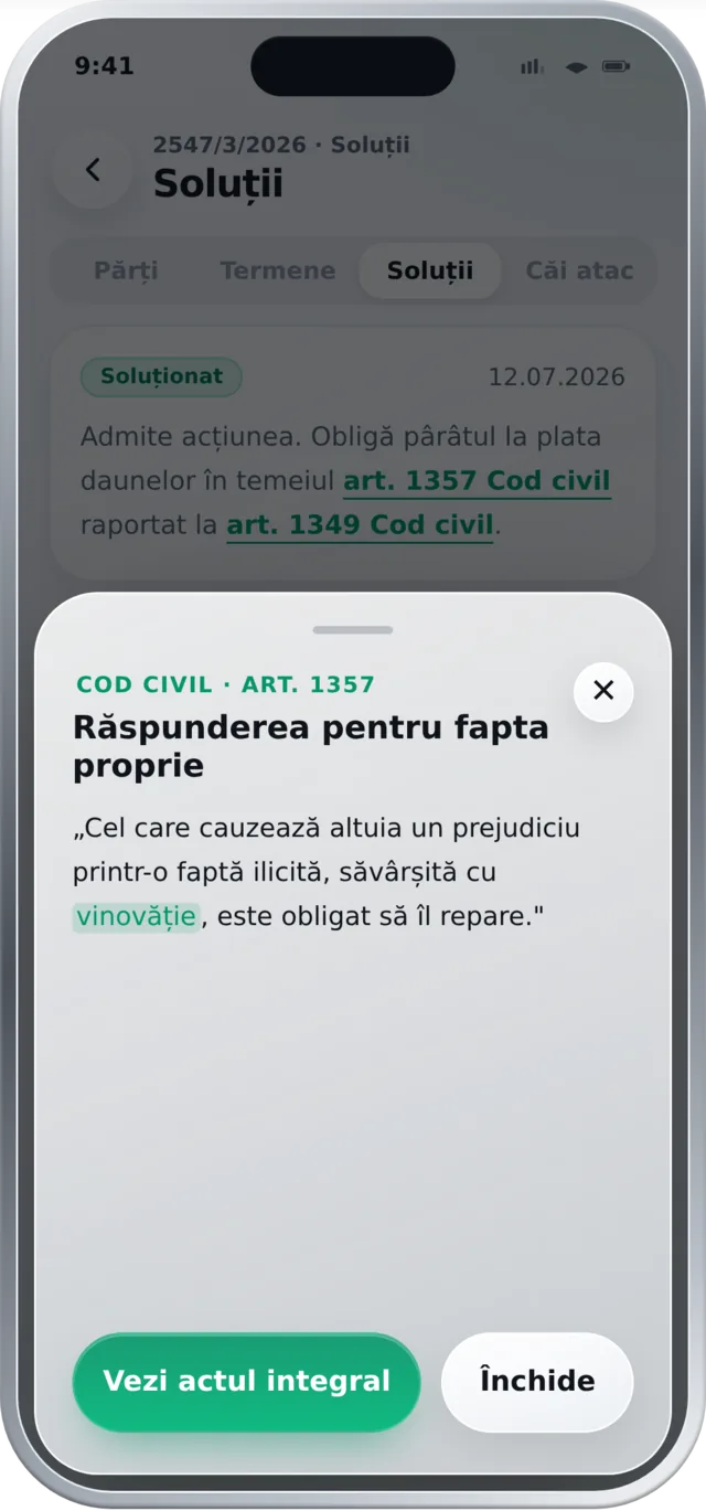 Soluție cu referințe legale și articolul deschis în aplicația mobilă Regra